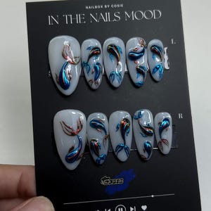 Koi Fish Nails, 3D Metallic Press On Nail Art, Long Almond Grey Base with Blue & Red Hand-Painted Design, Handmade Aquatic Nail Set