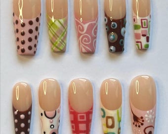 Handmade Retro Geometric Press On Nails | Polka Dots, Swirls & Plaid Pastel Art | Long Coffin Nails For Cute Y2K Vibes