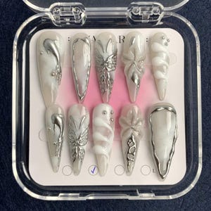Handmade Silver Chrome Press On Nails | White Marble Base With 3D Butterfly, Flowers & Swirl Metallic Details |Stiletto Nails For Icy Luxury