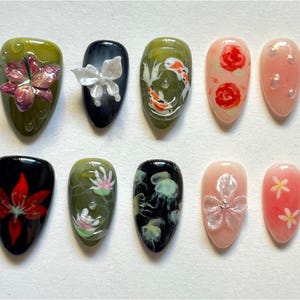 Handmade Floral Nature Press On Nails | 3D Butterflies, Koi Fish, Jellyfish & Blossoms in Garden Colors | Oval Nails For Botanical Art Vibe