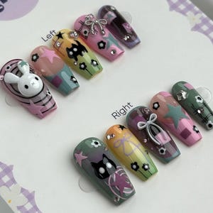 Kawaii Bunny & Cat Press On Nails | Y2K Pastel Drip Nail Art | 3D Charms, Stars and Flowers | Handmade Colorful Long Cute Nail Set