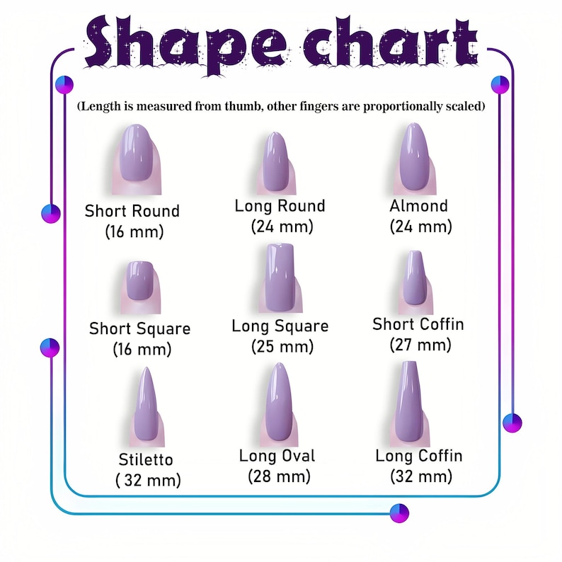 May include: A lilac-colored nail shape chart with nine different nail styles, including Short Round (16 mm), Long Round (24 mm), Almond (24 mm), Short Square (16 mm), Long Square (25 mm), Short Coffin (27 mm), Stiletto (32 mm), Long Oval (28 mm), and Long Coffin (32 mm).