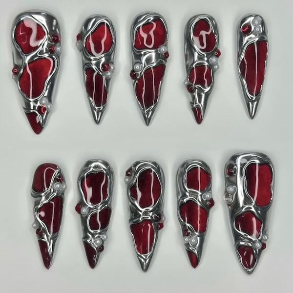 Handmade Gothic Chrome Press On Nails | Red Wine Base, 3D Molten Silver, Pearls & Dark Luxury Accents | Stiletto Nails For Vampire Vibes