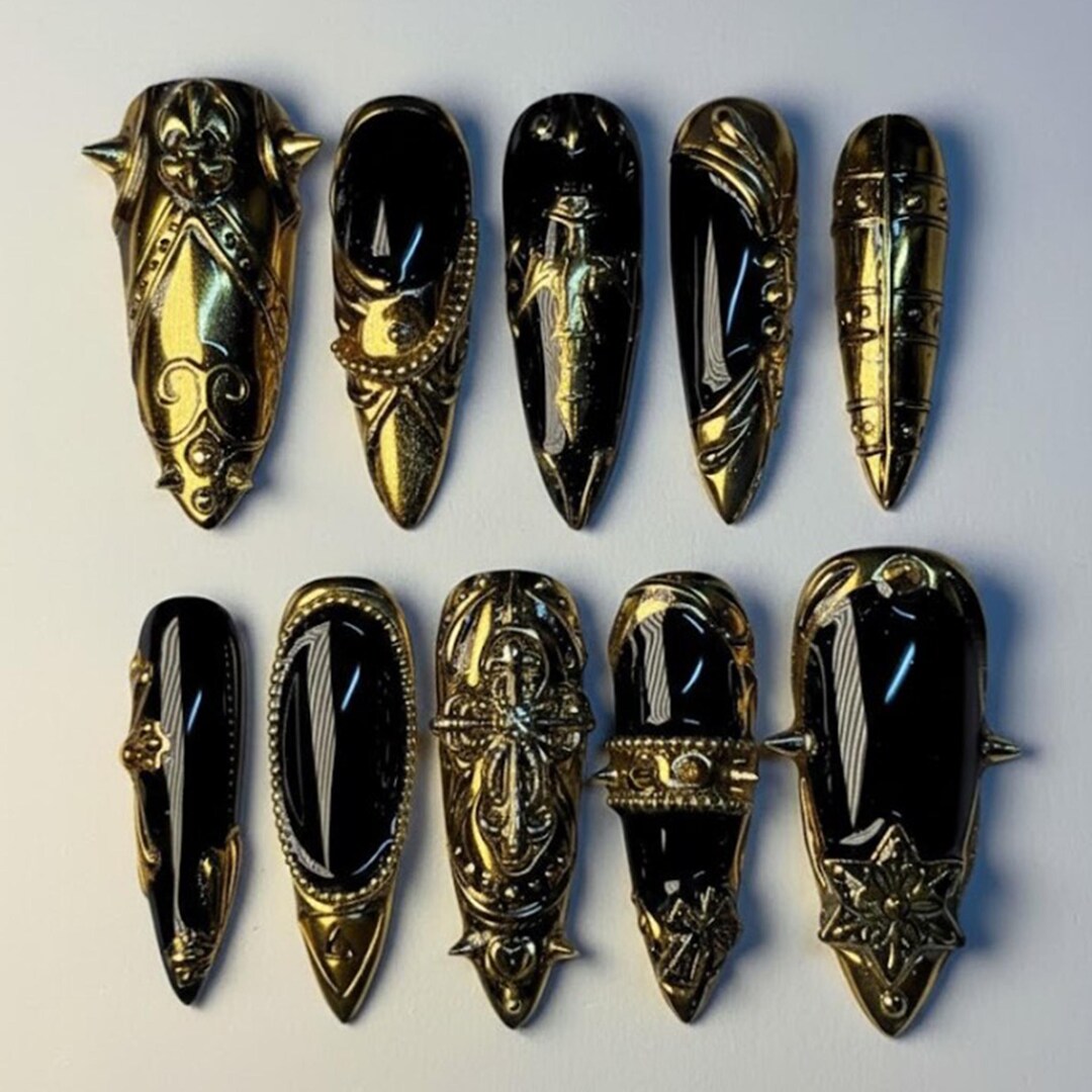 Handmade Black & Gold Armorcore Press on Nails | 3D Chrome Cross Knight ...