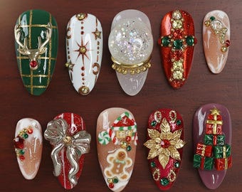 Handmade Festive Christmas Press On Nails | 3D Gingerbread, Snow Globe, Poinsettia & Gift Box Art | Almond Nails For Holiday Vibe
