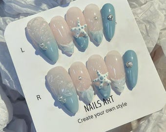 Handmade Press On Nails | Ocean Blue Starfish Nails, 3D Seashell and Pearl Nail Art, Summer Beach Nails, Glossy Coastal Vibe Nail Set
