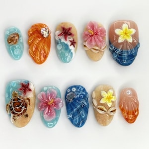 Handgemachte Tropical Beach Press On Nägel | 3D Hibiskus, Seestern, Muscheln & Meeresschildkröte Auf Sand und Meeresgelee Basis | Nägel für die Sommerferien