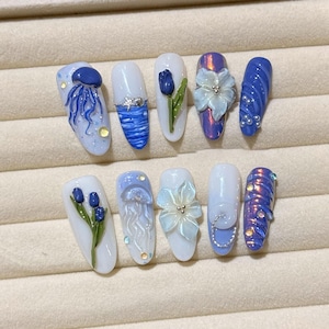 Handmade Ocean Blue Press On Nails | 3D Jellyfish & Flower Nail Art | Iridescent Purple Sea Vibes Nails | Custom Mermaid Nail Set