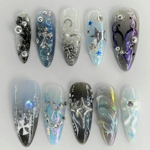 Handmade Celestial Gothic Press On Nails | 3D Stars, Moons, Crosses, Beaded Chains & Galaxy Swirls | Stiletto Nails For Cosmic Night Vibe