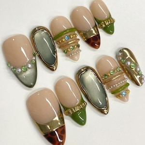 Handmade Ancient Egyptian Jewelry Press On Nails | 3D Gold Chrome & Tortoise Shell Art | Olive Green Bohemian Almond Fake Nails