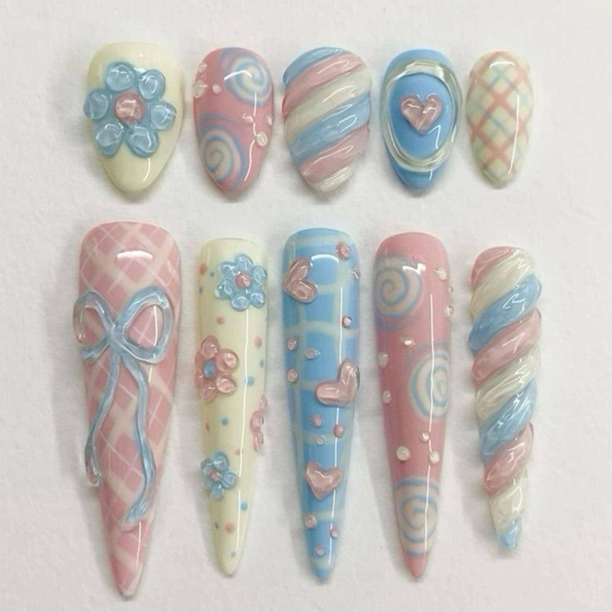 Handmade Pastel Candy Press On Nails | 3D Swirl Hearts, Ribbons & Plaid Art | Kawaii Long Coffin Nails for Cute Girls Sweet Party Look