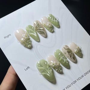Handmade Green Floral Press On Nails | Sculpted Petals with 3D Daisies and Gold Marble Detail | Almond Nails for Garden-Inspired Looks