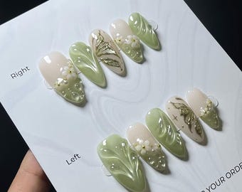 Handmade Green Floral Press On Nails | Sculpted Petals with 3D Daisies and Gold Marble Detail | Almond Nails for Garden-Inspired Looks