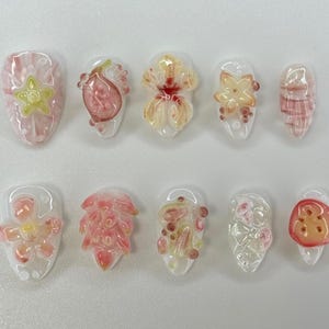 Handmade Kawaii Jelly Press On Nails | 3D Stars, Florals, Fruits & Cute Button Motifs | Short Nails For Playful Pastel Vibe