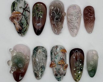 Handmade Forestcore Press On Nails | 3D Mushrooms, Mossy Roots & Earthy Swirl Art | Almond Nails For Enchanted Nature Vibe