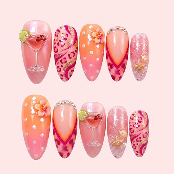 Handmade Summer Cocktail Party Press On Nails | 3D Tropical Flower & Leopard Print Art | Vibrant Pink Orange Beach Nails