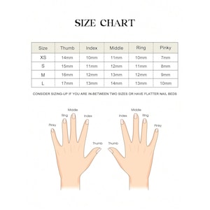 May include: A size chart for nail sizing, with measurements in millimeters for thumb, index, middle, ring, and pinky fingers. The chart includes sizes XS, S, M, and L. Two hand illustrations are shown below the chart.