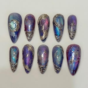 Handmade 3D Celestial Galaxy Press On Nails | Silver Chrome Constellation & Moon Art