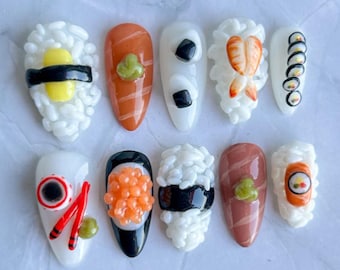 Handmade Sushi Press On Nails | 3D Nigiri, Salmon, Wasabi & Rice Details | Almond For Cute Kawaii Vibes