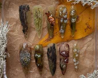 Handmade Forest Fungi Press On Nails | 3D Mushrooms, Moss & Nature Textures | Stiletto Nails For Rustic Woodland Vibes