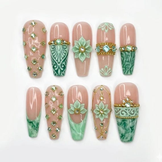 Luxury Baroque Press On Nails | Jade Green & Gold False Nails | Elegant 3D Flower Nail Art | Emerald Crystal Palace Nails