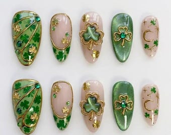 Handmade St. Patrick's Day Cat Eye Press On Nails | 3D Gold Wire Shamrock, Crescent Moon & Stars, Emerald Gems | For Lucky Witchy Irish