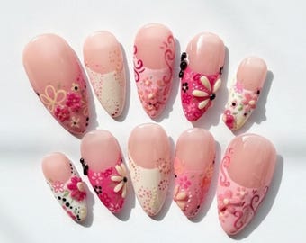 Uñas postizas con flores rosas hechas a mano, mezcla y combina, con diseño de flores 3D y encaje punteado, elegantes y coquetas.
