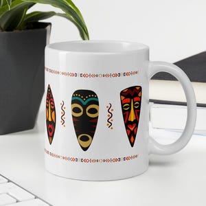 Tribal African Mask Mug – Ethnic Boho Coffee Cup with Colorful African Art | Cultural Gift for Art Lovers & World Travelers