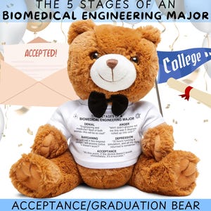 Op de afbeelding: Een bruine teddybeer die een wit T-shirt draagt met de tekst "The 5 Stages of a Biomedical Engineering Major" en de genoemde fasen: Ontkenning, Onderhandelen, Woede, Depressie en Acceptatie. De beer houdt een diploma en een afstudeerpet vast. De tekst "Accepted!" staat op een roze envelop op de achtergrond. De tekst "College" staat op een blauwe banner op de achtergrond.