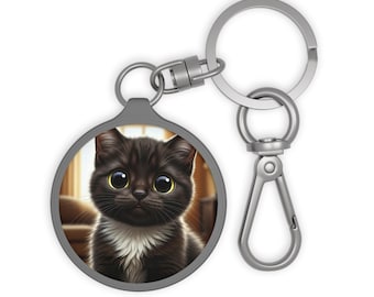 Cat Keyring Tag, Kitten Keychain, Feline Bag Charm, Animal Lover Gift, Pet Owner Accessory, Black Kitten