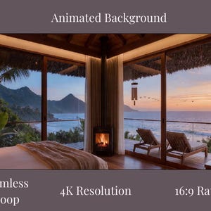 May include: A serene bedroom scene with a view of the ocean at sunset. The image features a bed, a fireplace, and two lounge chairs on a deck. Text on the image reads "Animated Background", "Seamless Loop", "4K Resolution", and "16:9 Ratio".