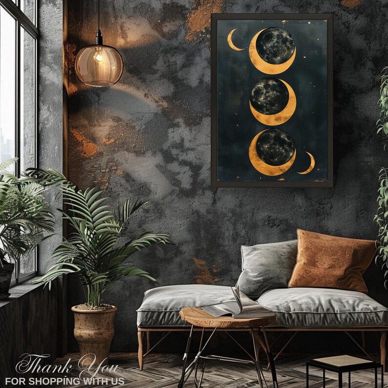 Boho Moon Phases Poster, Celestial Wall Art, Gold Foil Print, Witchy ...