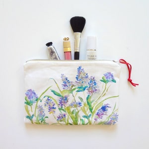Lavender Flowers Cosmetic Pouch, Watercolor Flowers Pouch, Floral Pouch, Makeup Bag, Watercolor Lavender