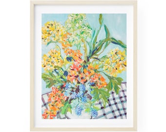 Bouquet With Checks Fine Art Print, Gouache Print, Wall Decor, Floral Art, 8x10, 11x14, 16x20