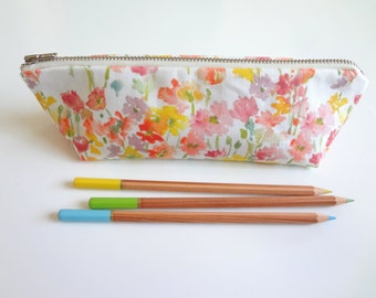 Watercolor Floral Pen or Pencil Case, Zippered Case, Back to School Supplies, Designer Watercolor Fabric