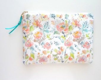 Peach Floral Cosmetic Pouch, Make Up Bag, Waterproof Lining, Watercolor Floral Pouch, Designer Fabric