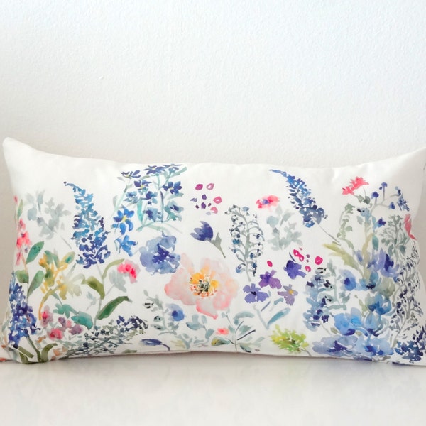 Garden Medley Pillow Covers, 14x20, 12x21, 18x18, 20x20, 24x24, Designer Fabric, Watercolor Flowers Pillow Accent, Floral Lumbar Pillow