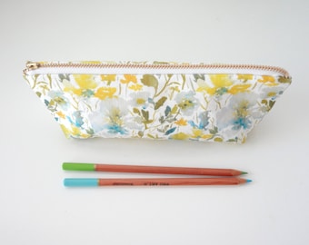 Watercolor Floral Pen or Pencil Case, Zippered Case, Linen Cotton Designer Watercolor Fabric