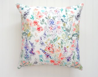 Spring Floral Mix Watercolor Pillow Cover, 18x18, 20x20, 22x22, 24x24, 14x20, 12x21, Designer Fabric Pillow Cover, Various Sizes