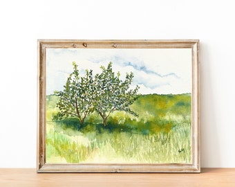 Meadow Trees Watercolor Fine Art Print, 8x10, Landscape Watercolor