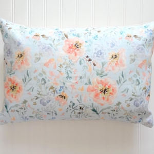 Peach with Pale Blue Pillow Covers,Square or Lumbar Sizes, Designer Floral Fabric, Watercolor Flowers Pillow Accent, Floral Lumbar Pillow