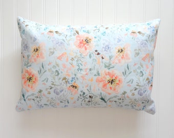 Peach with Pale Blue Pillow Covers,Square or Lumbar Sizes, Designer Floral Fabric, Watercolor Flowers Pillow Accent, Floral Lumbar Pillow
