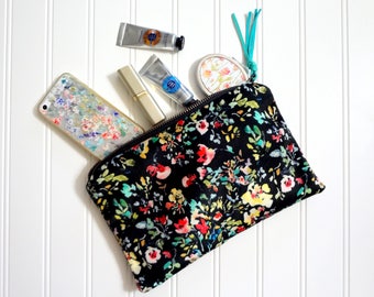 Velvet Pouch, Cosmetic Pouch, Floral Make-Up Bag, Original Designer Fabric, Velvet Floral Fabric, Velvet Bag