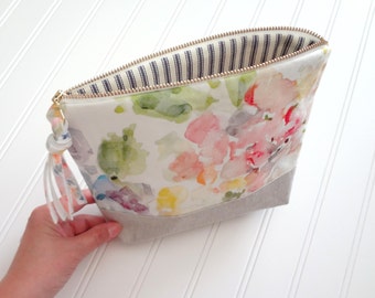 Watercolor Floral Cosmetic Pouch, Floral Make-Up Bag, Watercolor Designer Fabric, Cosmetic Bag, Flat Bottom