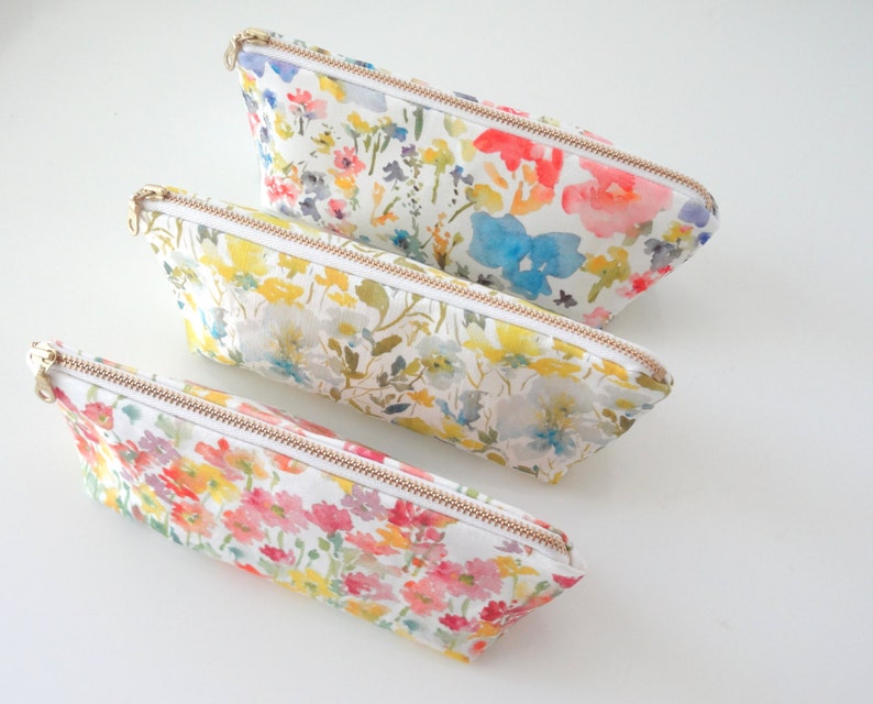 Watercolor Floral Pen or Pencil Case, Zippered Case, Linen Cotton Designer Watercolor Fabric image 2