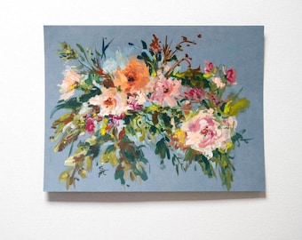 SALE! Floral On Denim, Original Gouache Painting, Floral Painting, Flower Painting, 9x12