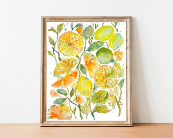 Citrus Garden, Watercolor Fruits, Orange, Lemon, Lime, Fine Art Print, 8"x10"