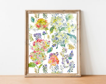 Hydrangea Medley Watercolor Flowers, Fine Art Print, 8x10, 5x7