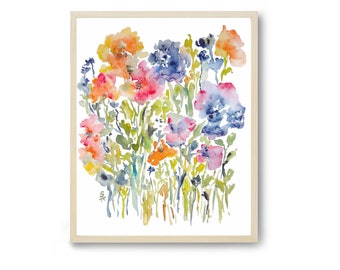 Touch of Indigo Watercolor Flowers, Fine Art Print, Semi Abstract Floral, Wall Decor