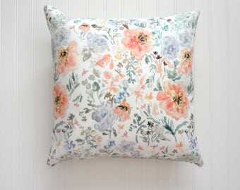 Peach Floral Watercolor Pillow Cover, 18x18, 20x20, 22x22, 24x24, 14x20, 12x21, 12x26 Designer Fabric Pillow Cover, Various Sizes